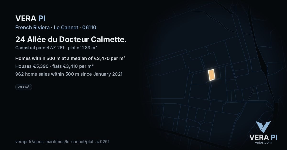 24 Allée du Docteur Calmette, Le Cannet at night – the plot lit, the parcels around coloured by the prices near them