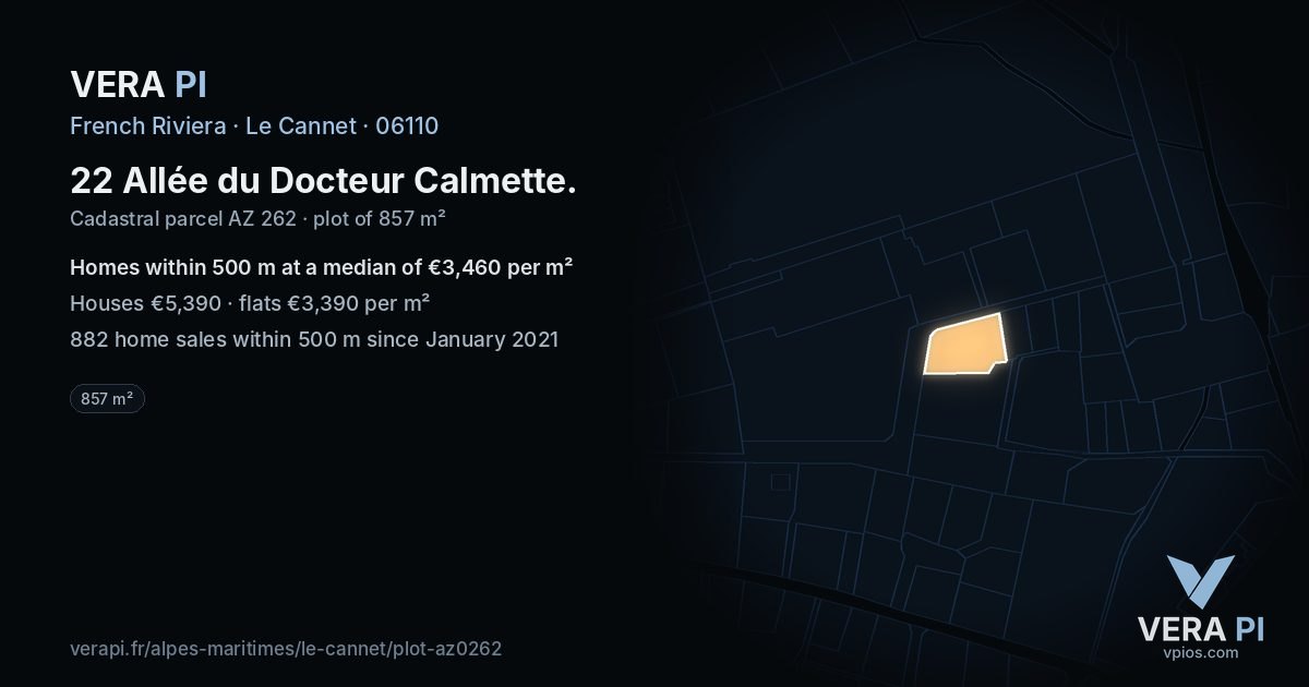 22 Allée du Docteur Calmette, Le Cannet at night – the plot lit, the parcels around coloured by the prices near them