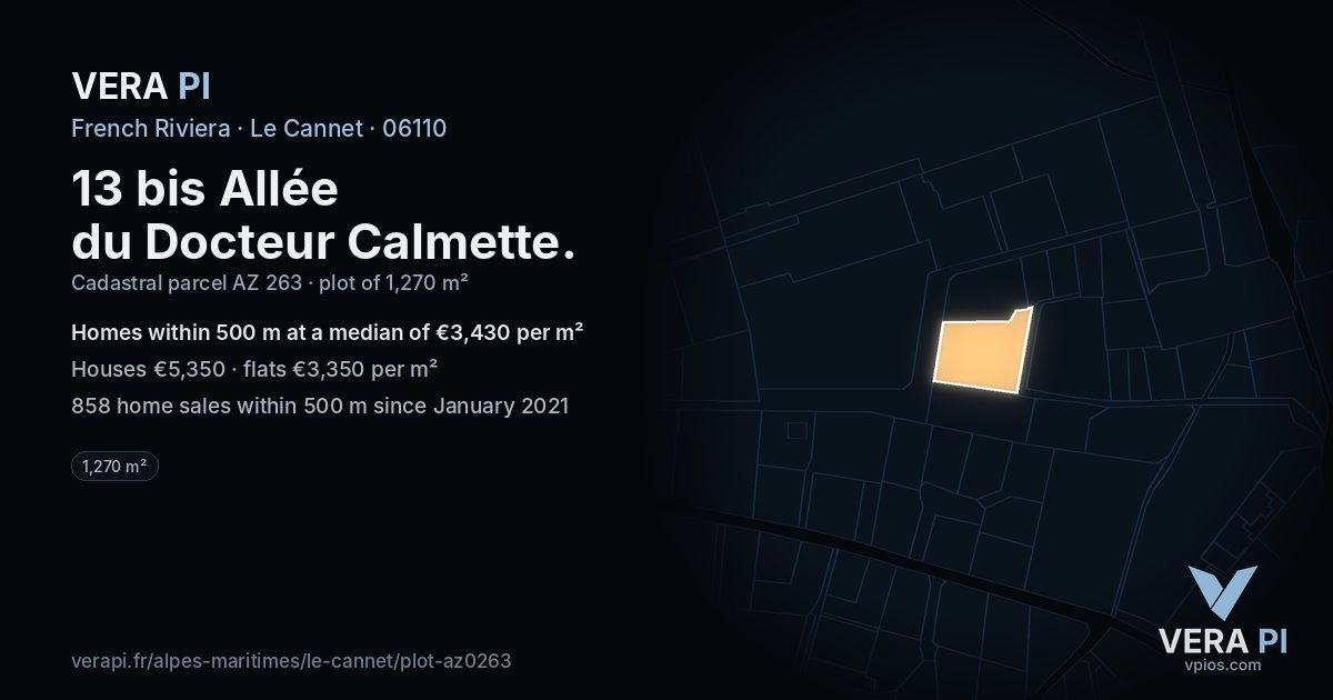 13 bis Allée du Docteur Calmette, Le Cannet at night – the plot lit, the parcels around coloured by the prices near them