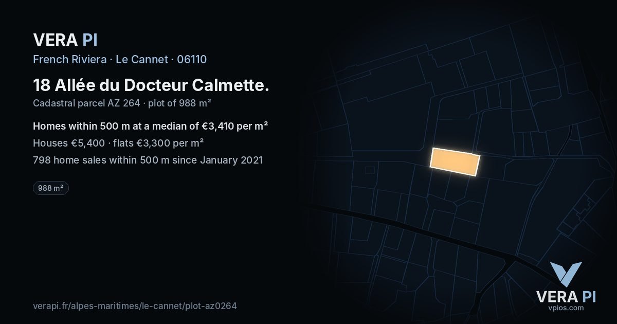 18 Allée du Docteur Calmette, Le Cannet at night – the plot lit, the parcels around coloured by the prices near them