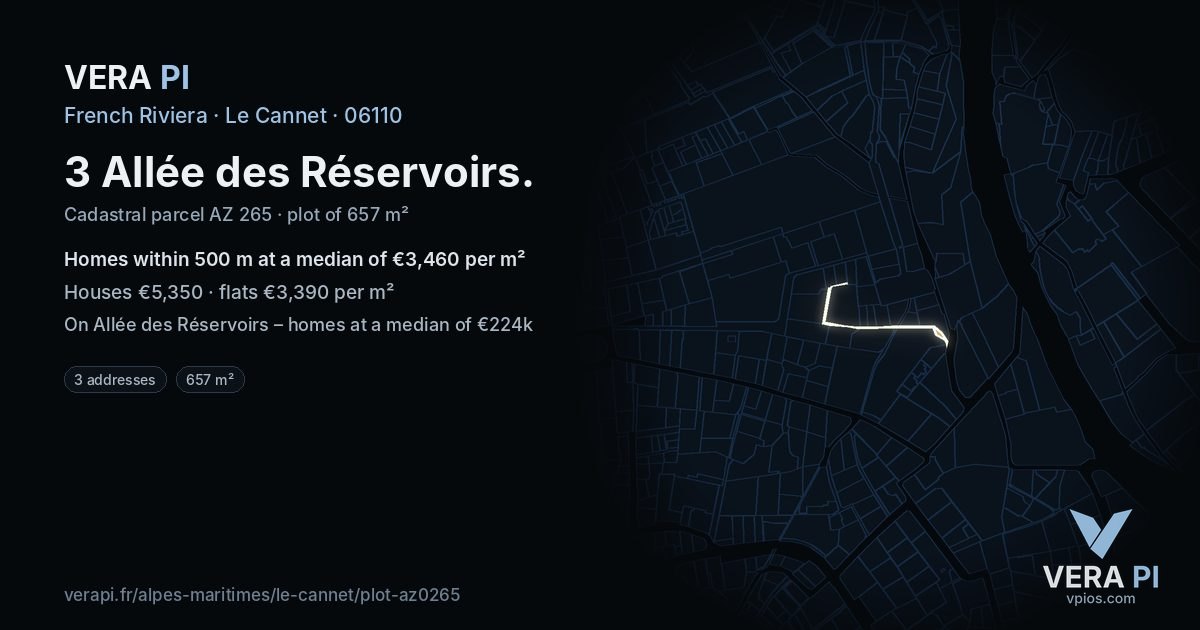 3 Allée des Réservoirs, Le Cannet at night – the plot lit, the parcels around coloured by the prices near them