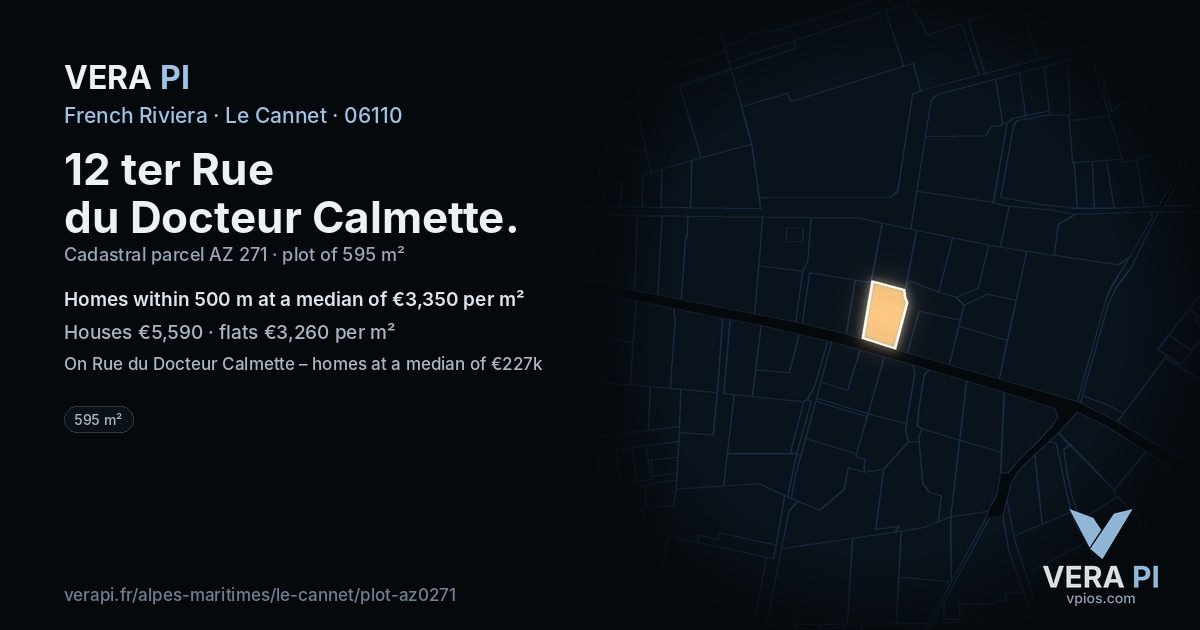 12 ter Rue du Docteur Calmette, Le Cannet at night – the plot lit, the parcels around coloured by the prices near them