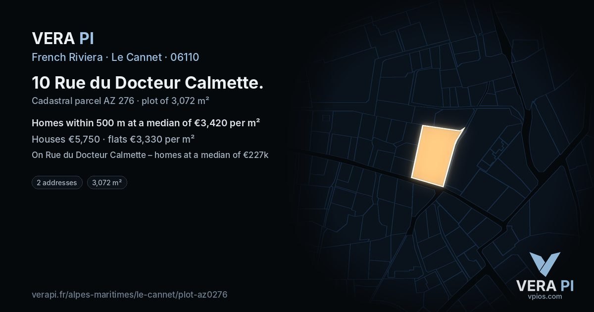 10 Rue du Docteur Calmette, Le Cannet at night – the plot lit, the parcels around coloured by the prices near them