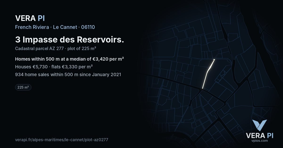 3 Impasse des Reservoirs, Le Cannet at night – the plot lit, the parcels around coloured by the prices near them