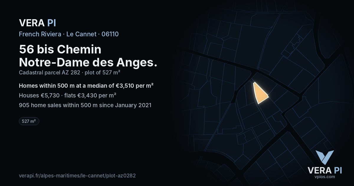 56 bis Chemin Notre-Dame des Anges, Le Cannet at night – the plot lit, the parcels around coloured by the prices near them
