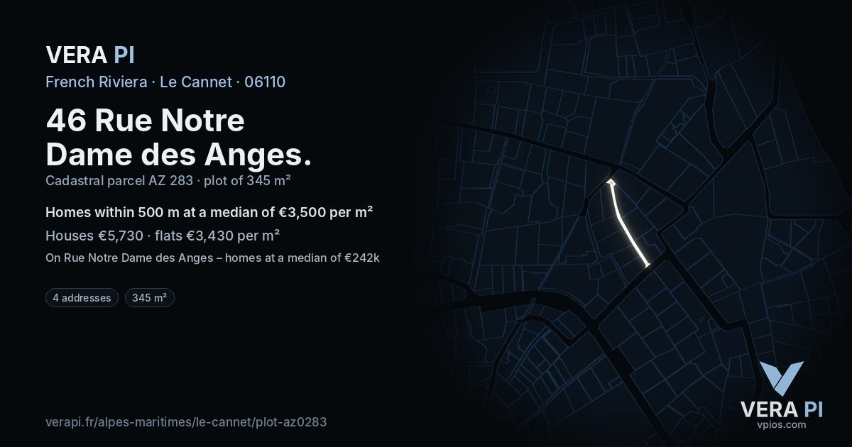 46 Rue Notre Dame des Anges, Le Cannet at night – the plot lit, the parcels around coloured by the prices near them