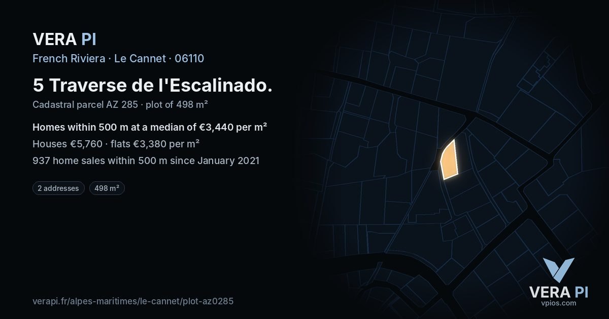5 Traverse de l'Escalinado, Le Cannet at night – the plot lit, the parcels around coloured by the prices near them