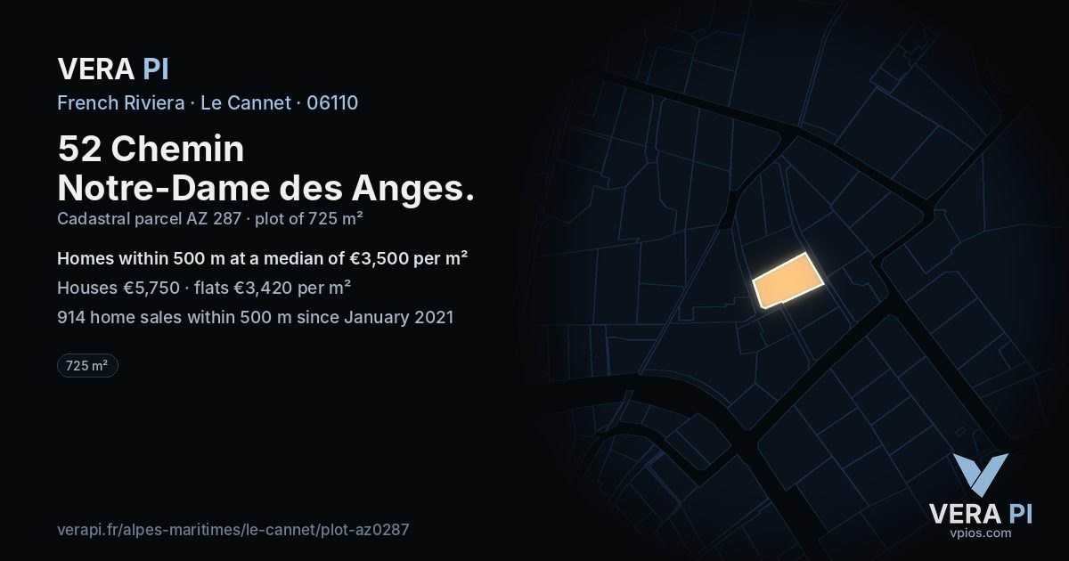 52 Chemin Notre-Dame des Anges, Le Cannet at night – the plot lit, the parcels around coloured by the prices near them