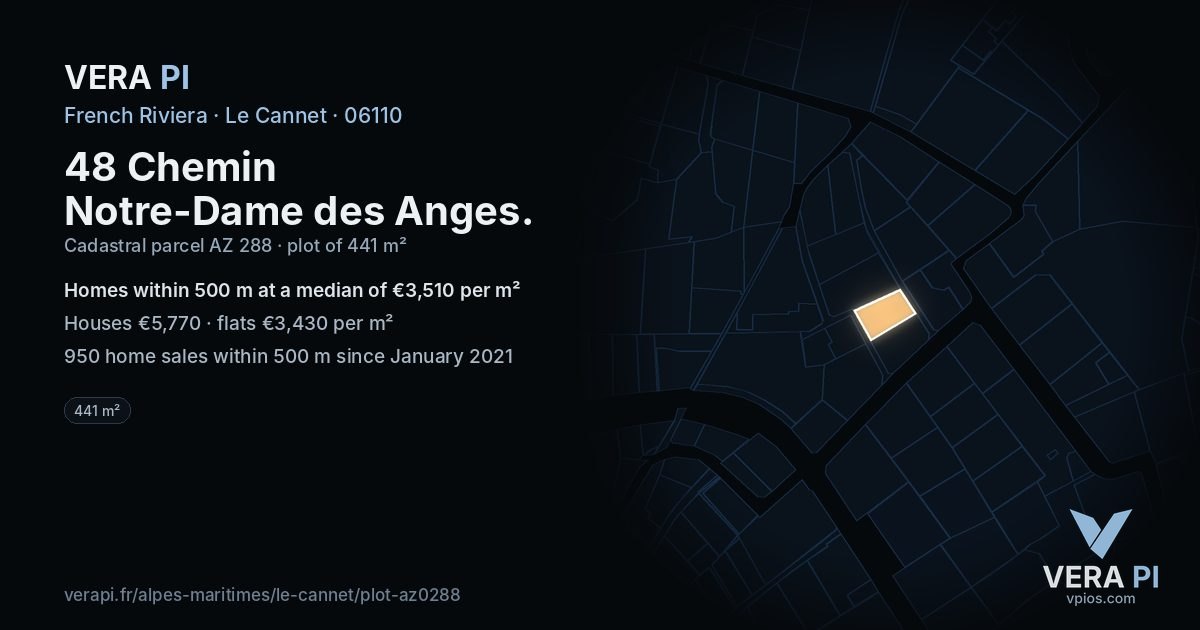 48 Chemin Notre-Dame des Anges, Le Cannet at night – the plot lit, the parcels around coloured by the prices near them