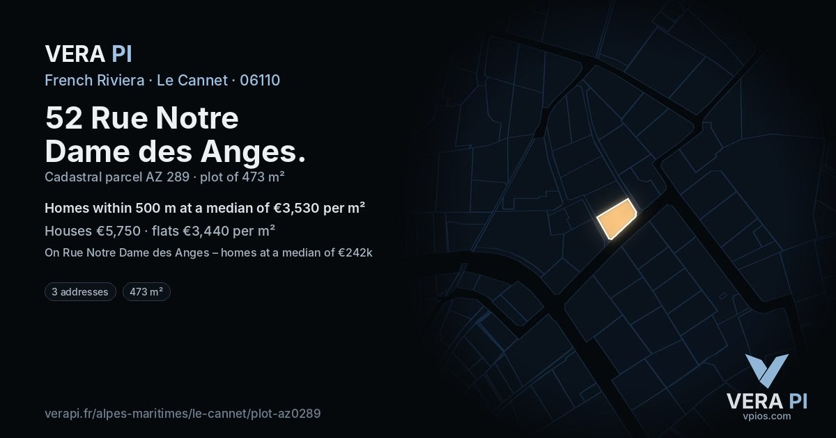 52 Rue Notre Dame des Anges, Le Cannet at night – the plot lit, the parcels around coloured by the prices near them