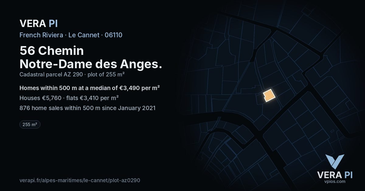 56 Chemin Notre-Dame des Anges, Le Cannet at night – the plot lit, the parcels around coloured by the prices near them