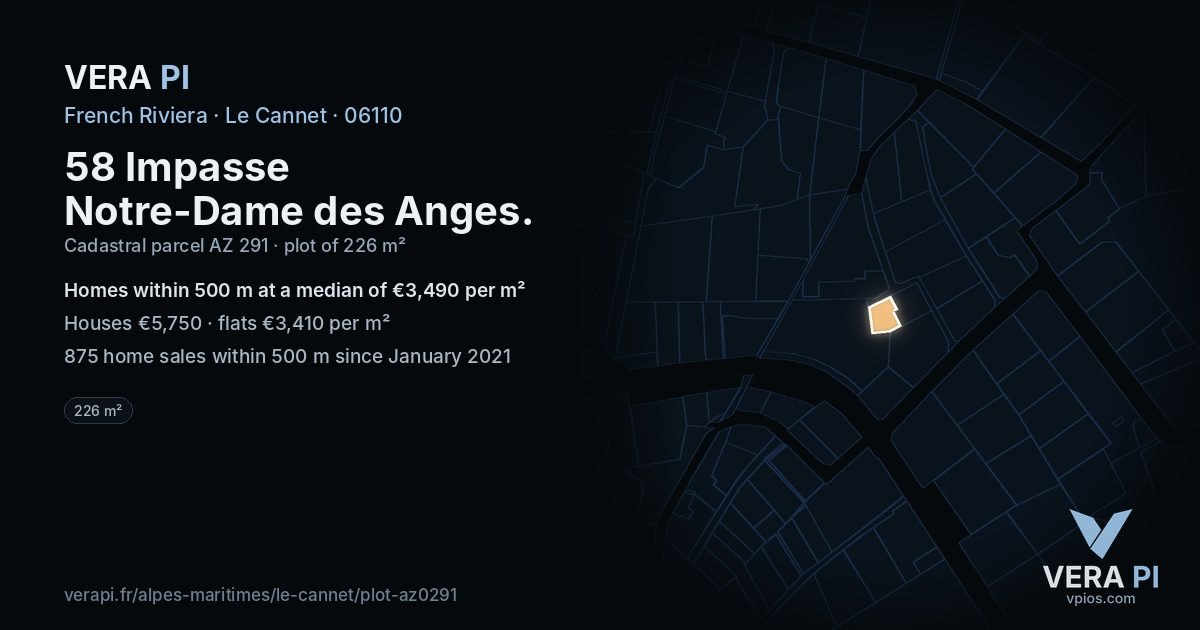 58 Impasse Notre-Dame des Anges, Le Cannet at night – the plot lit, the parcels around coloured by the prices near them