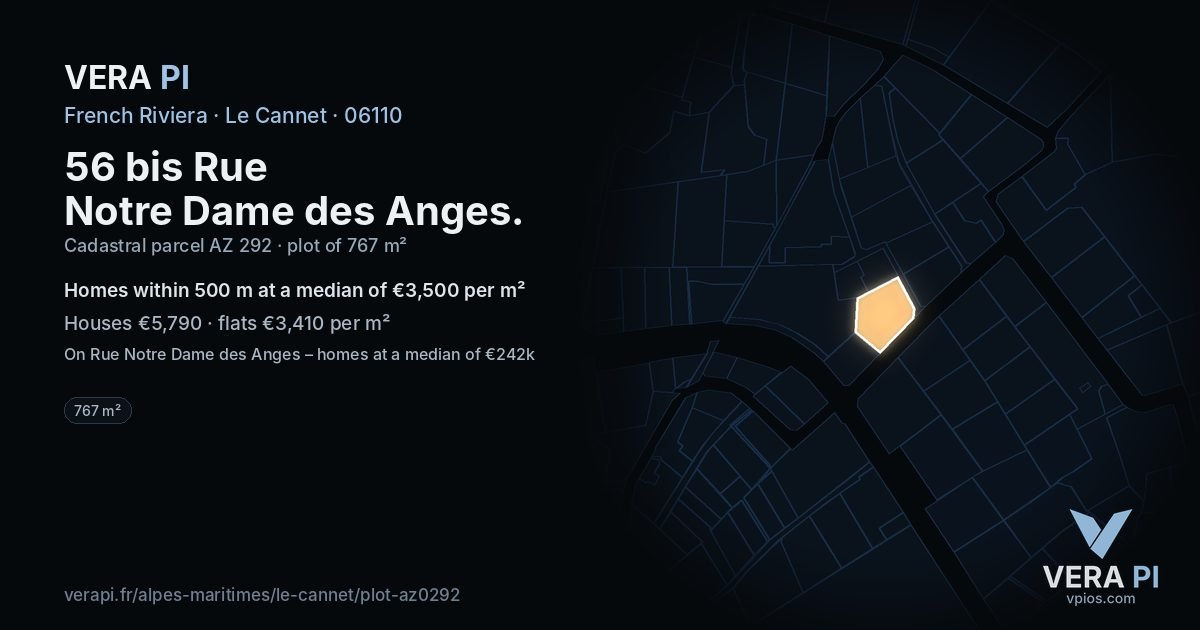 56 bis Rue Notre Dame des Anges, Le Cannet at night – the plot lit, the parcels around coloured by the prices near them