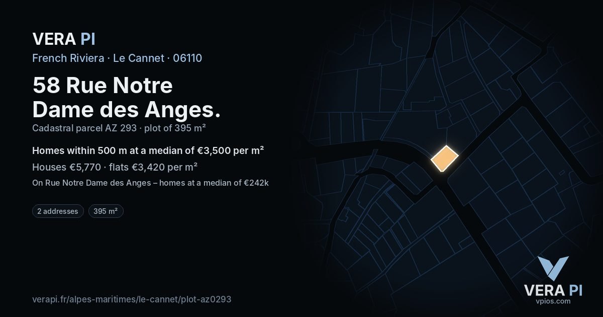 58 Rue Notre Dame des Anges, Le Cannet at night – the plot lit, the parcels around coloured by the prices near them