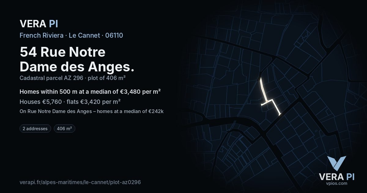 54 Rue Notre Dame des Anges, Le Cannet at night – the plot lit, the parcels around coloured by the prices near them