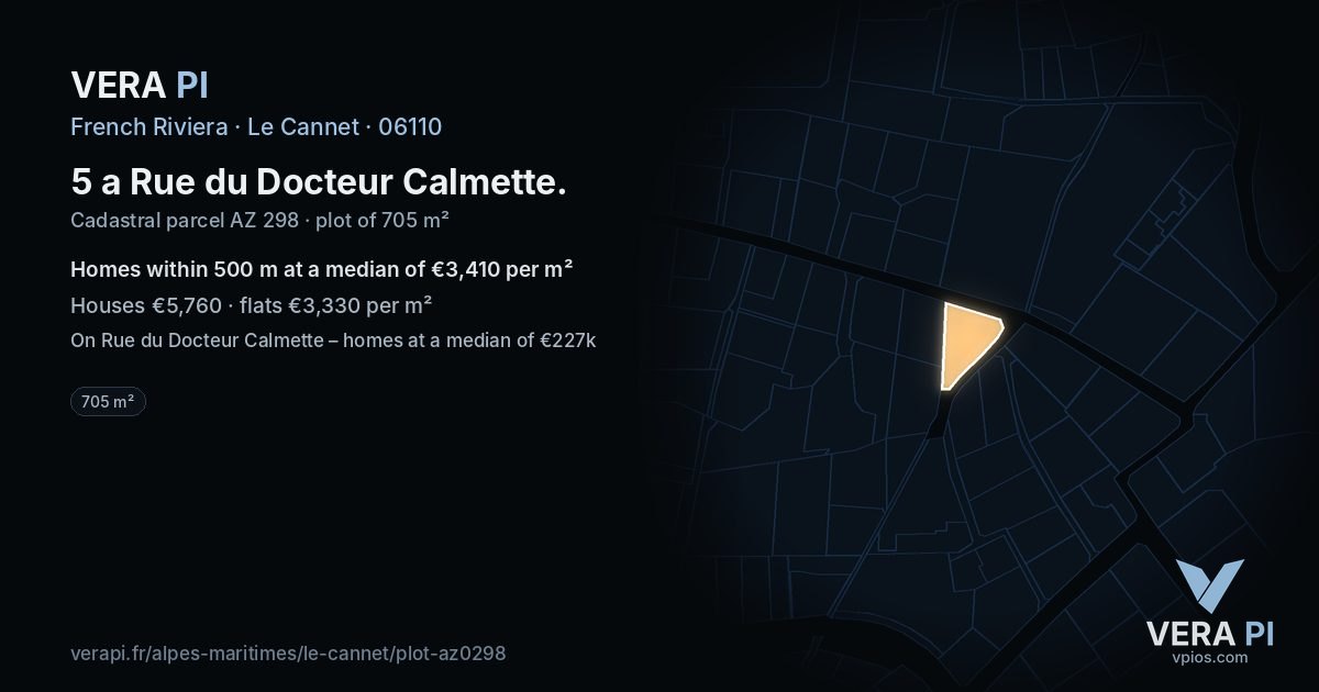 5 a Rue du Docteur Calmette, Le Cannet at night – the plot lit, the parcels around coloured by the prices near them