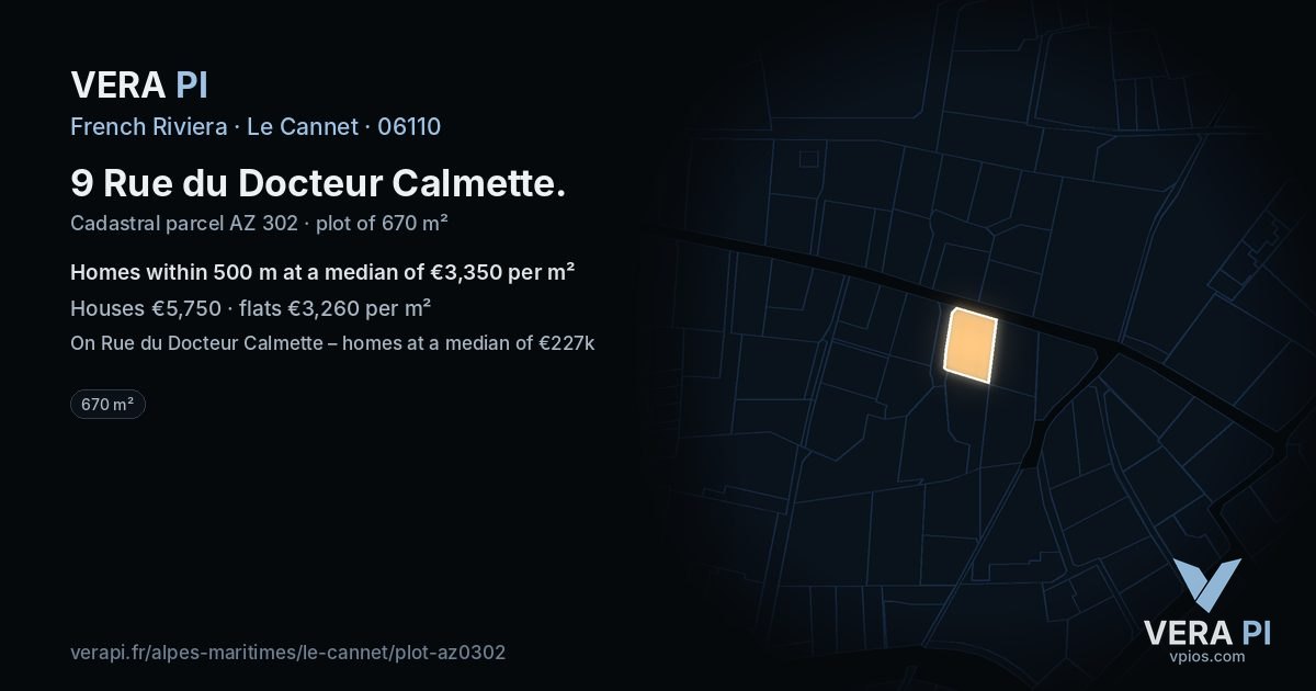 9 Rue du Docteur Calmette, Le Cannet at night – the plot lit, the parcels around coloured by the prices near them