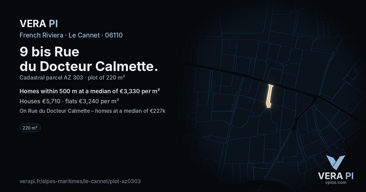 9 bis Rue du Docteur Calmette, Le Cannet at night – the plot lit, the parcels around coloured by the prices near them