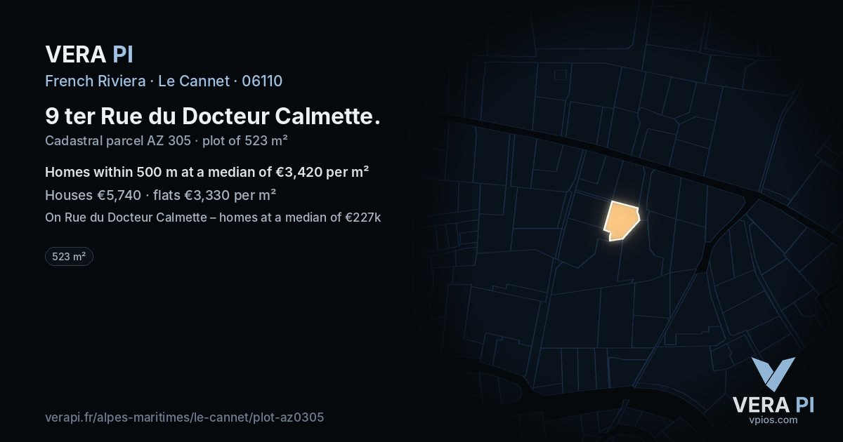 9 ter Rue du Docteur Calmette, Le Cannet at night – the plot lit, the parcels around coloured by the prices near them