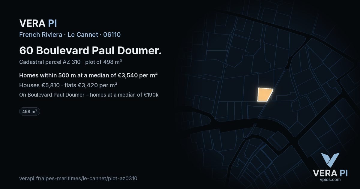 60 Boulevard Paul Doumer, Le Cannet at night – the plot lit, the parcels around coloured by the prices near them