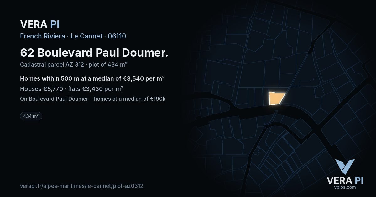 62 Boulevard Paul Doumer, Le Cannet at night – the plot lit, the parcels around coloured by the prices near them