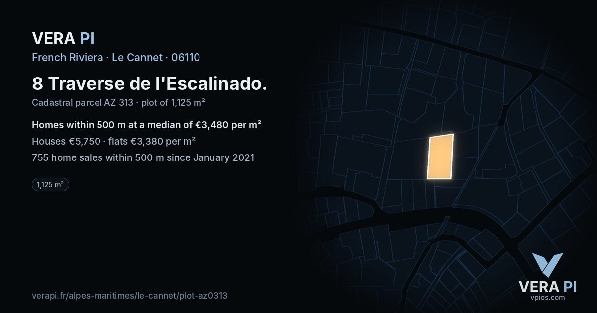 8 Traverse de l'Escalinado, Le Cannet at night – the plot lit, the parcels around coloured by the prices near them