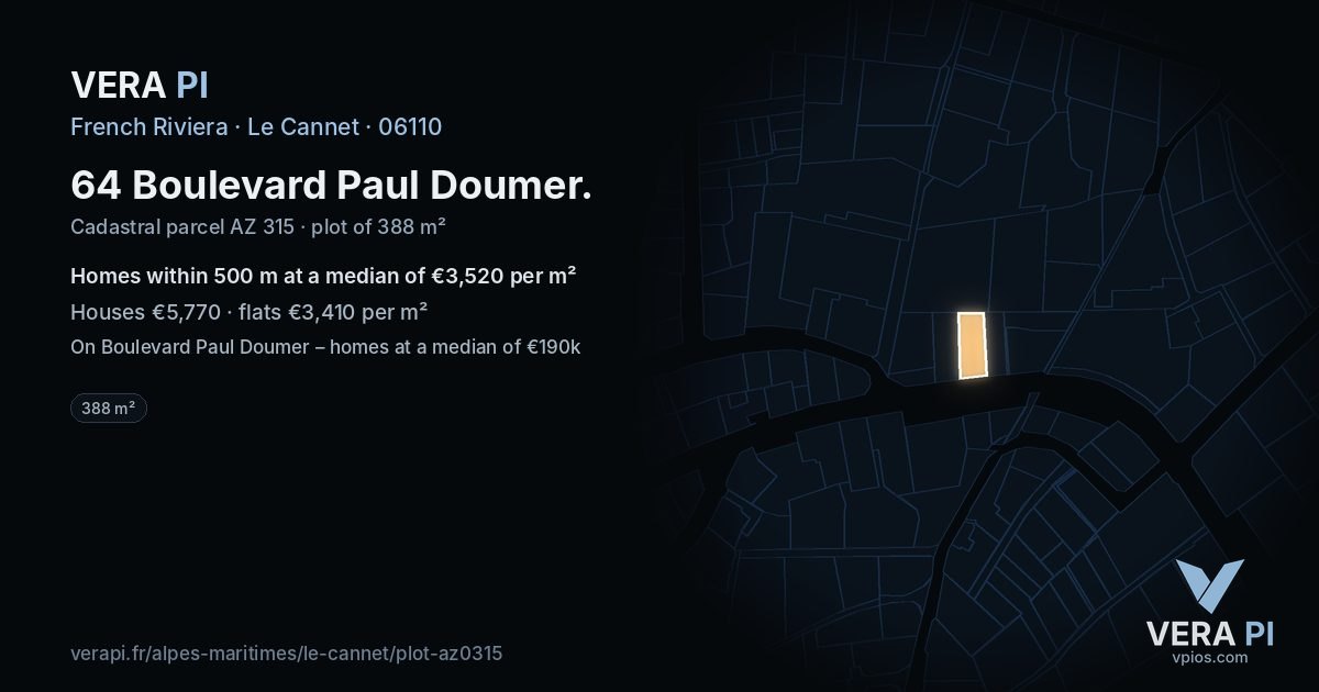 64 Boulevard Paul Doumer, Le Cannet at night – the plot lit, the parcels around coloured by the prices near them