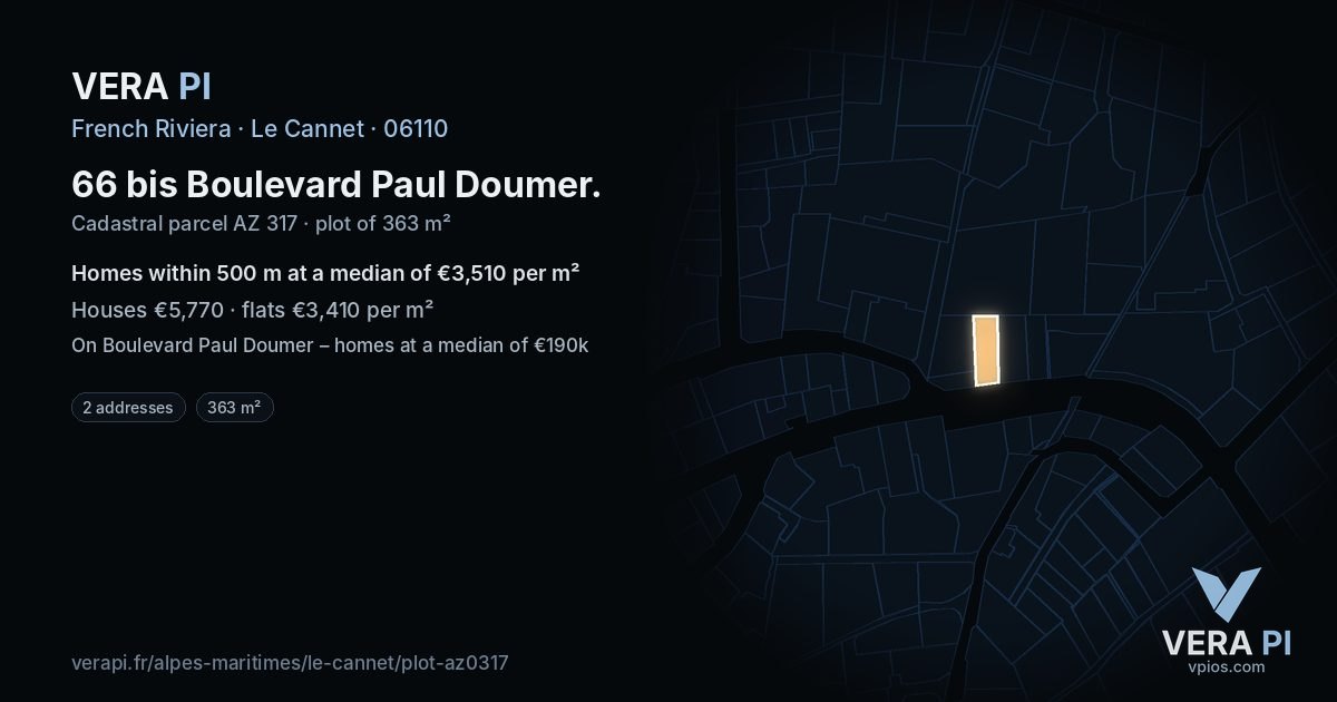 66 bis Boulevard Paul Doumer, Le Cannet at night – the plot lit, the parcels around coloured by the prices near them