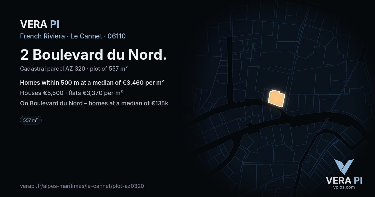 2 Boulevard du Nord, Le Cannet at night – the plot lit, the parcels around coloured by the prices near them