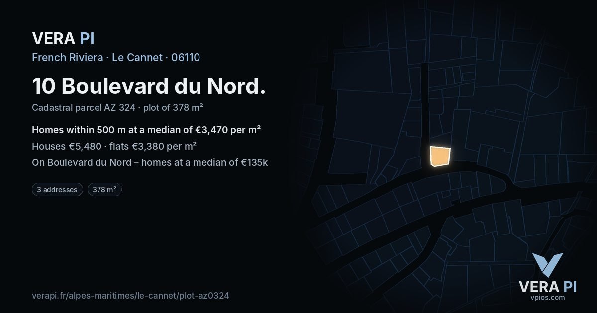 10 Boulevard du Nord, Le Cannet at night – the plot lit, the parcels around coloured by the prices near them