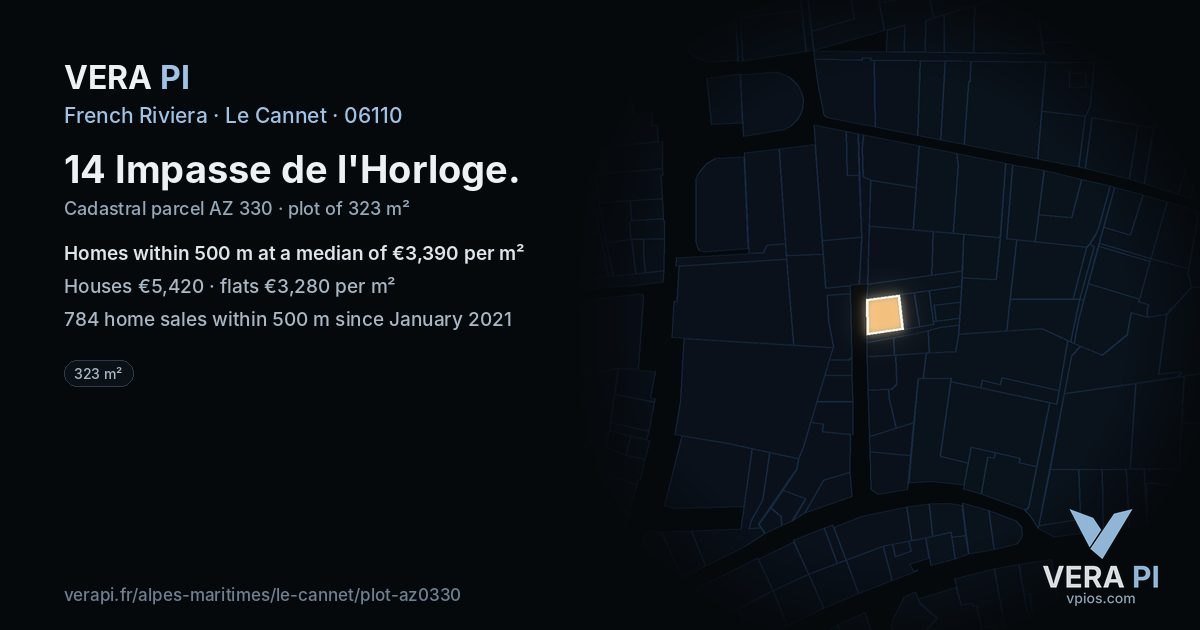 14 Impasse de l'Horloge, Le Cannet at night – the plot lit, the parcels around coloured by the prices near them