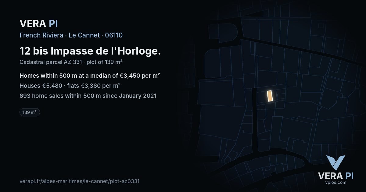 12 bis Impasse de l'Horloge, Le Cannet at night – the plot lit, the parcels around coloured by the prices near them