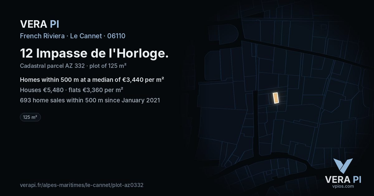 12 Impasse de l'Horloge, Le Cannet at night – the plot lit, the parcels around coloured by the prices near them