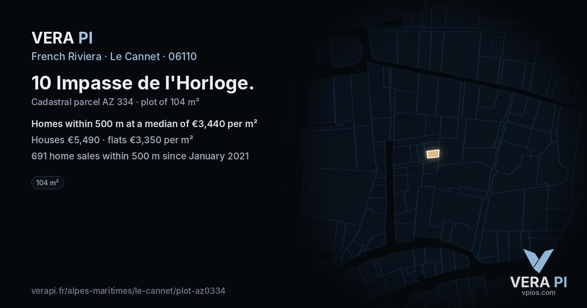 10 Impasse de l'Horloge, Le Cannet at night – the plot lit, the parcels around coloured by the prices near them