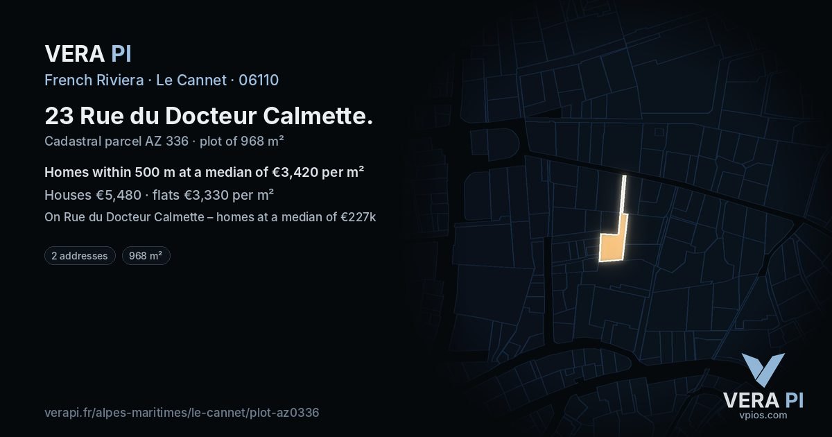 23 Rue du Docteur Calmette, Le Cannet at night – the plot lit, the parcels around coloured by the prices near them