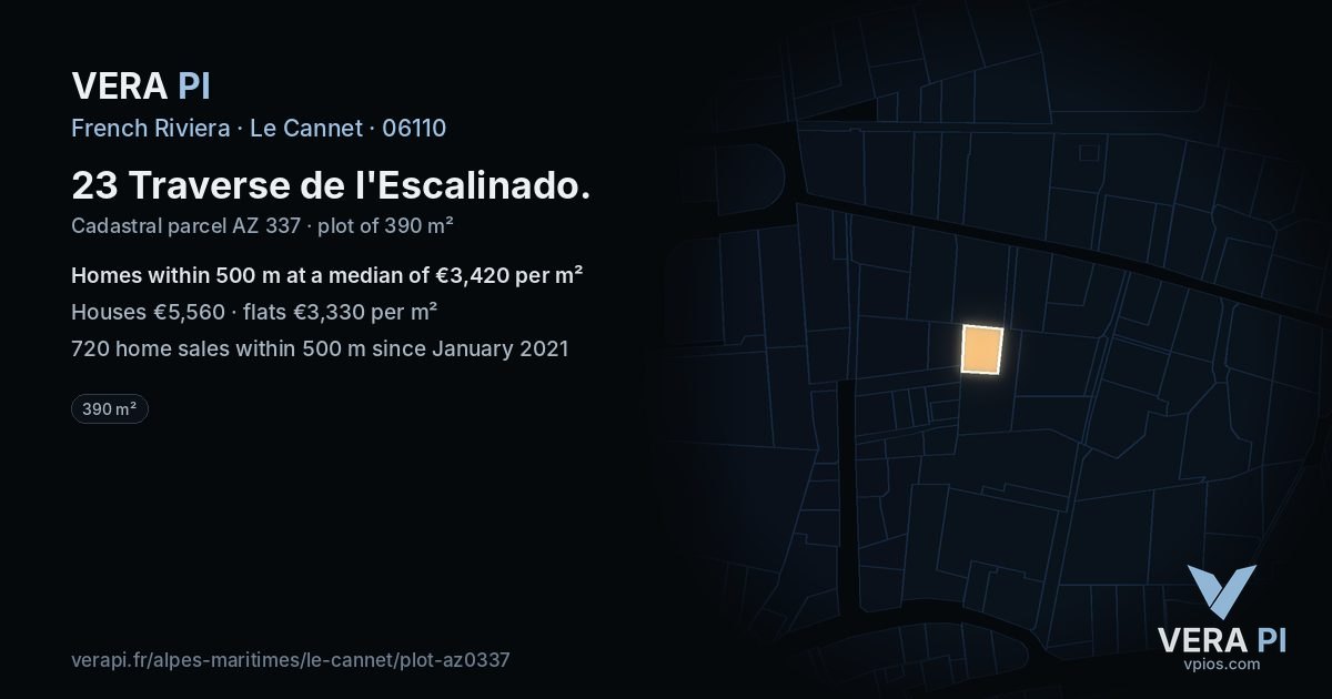 23 Traverse de l'Escalinado, Le Cannet at night – the plot lit, the parcels around coloured by the prices near them