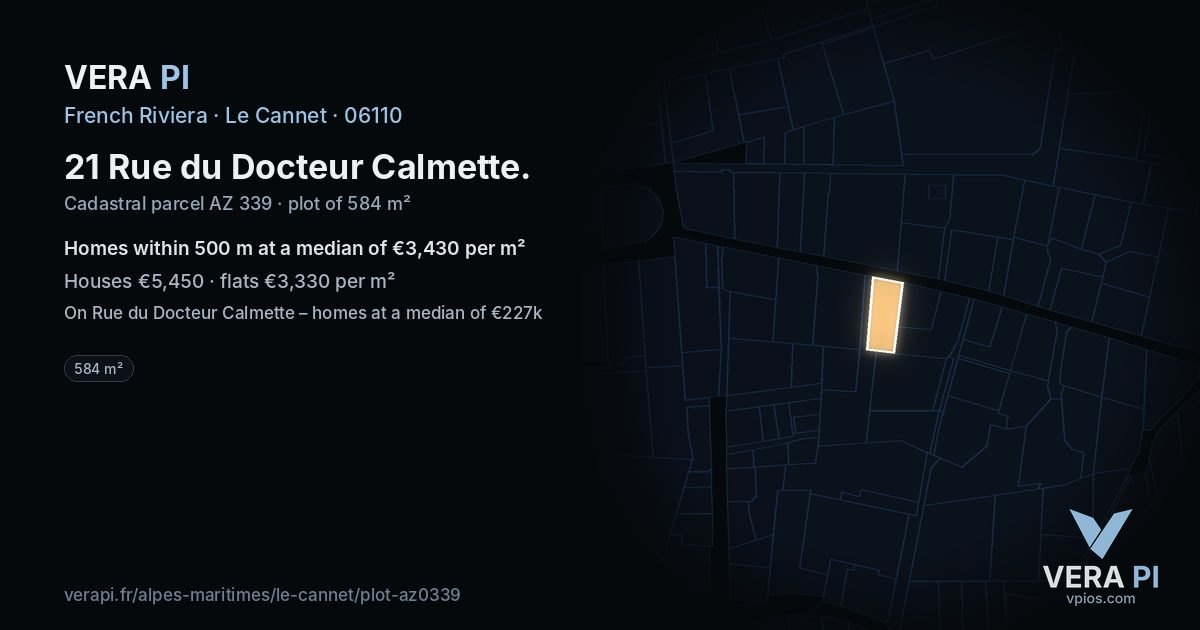 21 Rue du Docteur Calmette, Le Cannet at night – the plot lit, the parcels around coloured by the prices near them