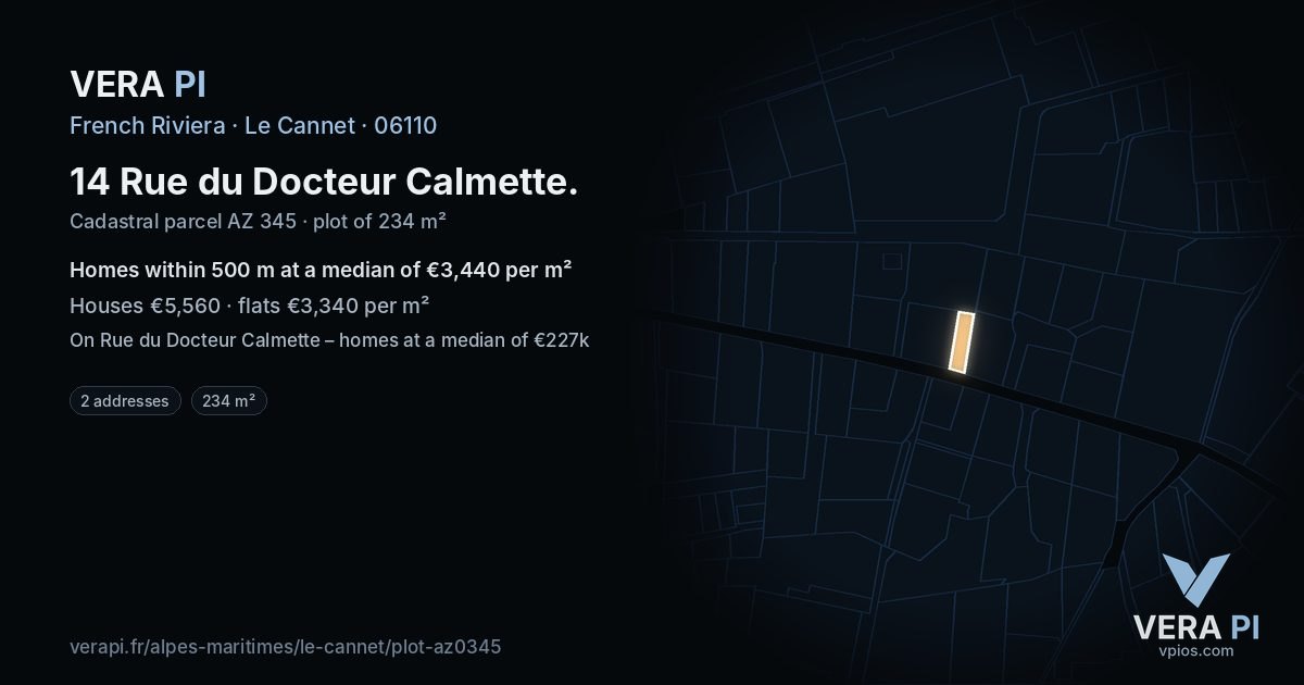 14 Rue du Docteur Calmette, Le Cannet at night – the plot lit, the parcels around coloured by the prices near them