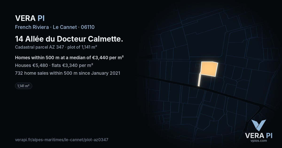 14 Allée du Docteur Calmette, Le Cannet at night – the plot lit, the parcels around coloured by the prices near them