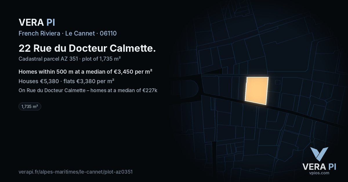22 Rue du Docteur Calmette, Le Cannet at night – the plot lit, the parcels around coloured by the prices near them