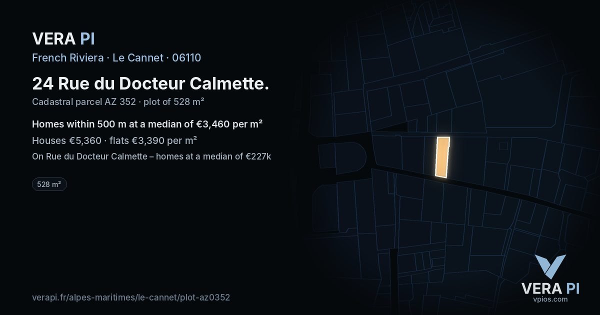 24 Rue du Docteur Calmette, Le Cannet at night – the plot lit, the parcels around coloured by the prices near them