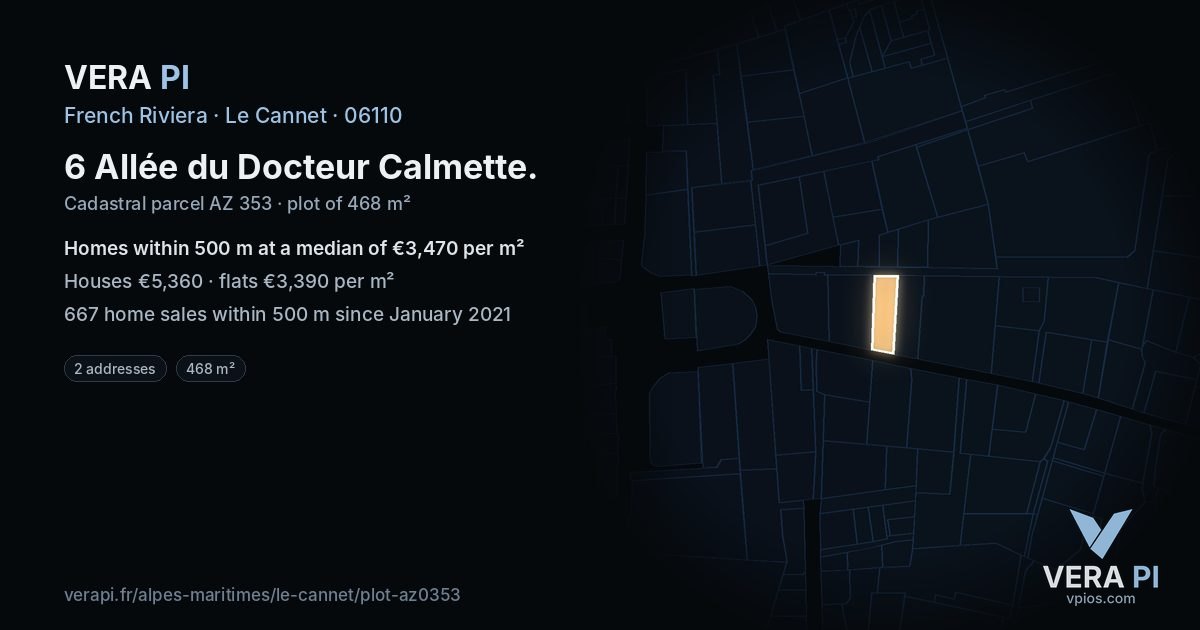 6 Allée du Docteur Calmette, Le Cannet at night – the plot lit, the parcels around coloured by the prices near them