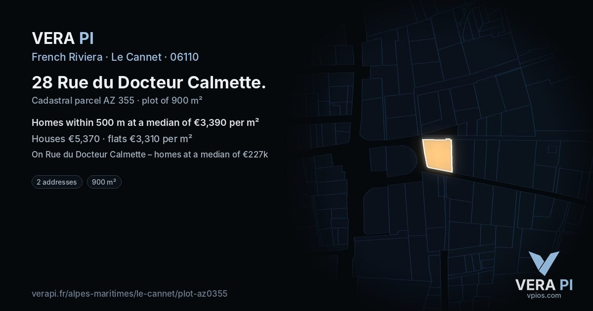 28 Rue du Docteur Calmette, Le Cannet at night – the plot lit, the parcels around coloured by the prices near them