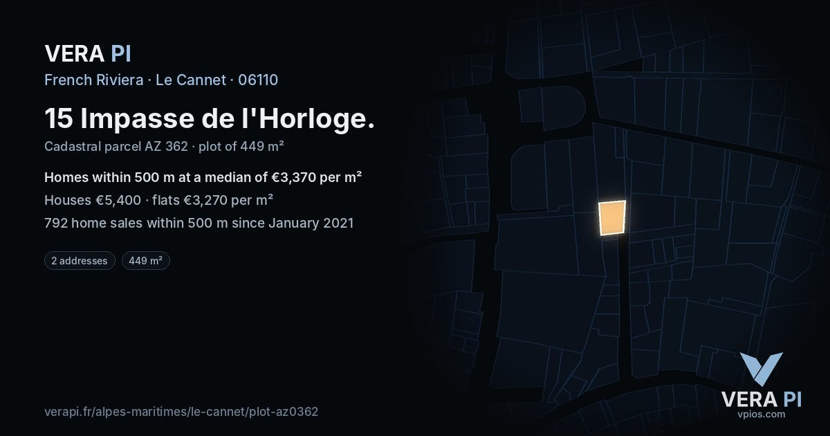 15 Impasse de l'Horloge, Le Cannet at night – the plot lit, the parcels around coloured by the prices near them