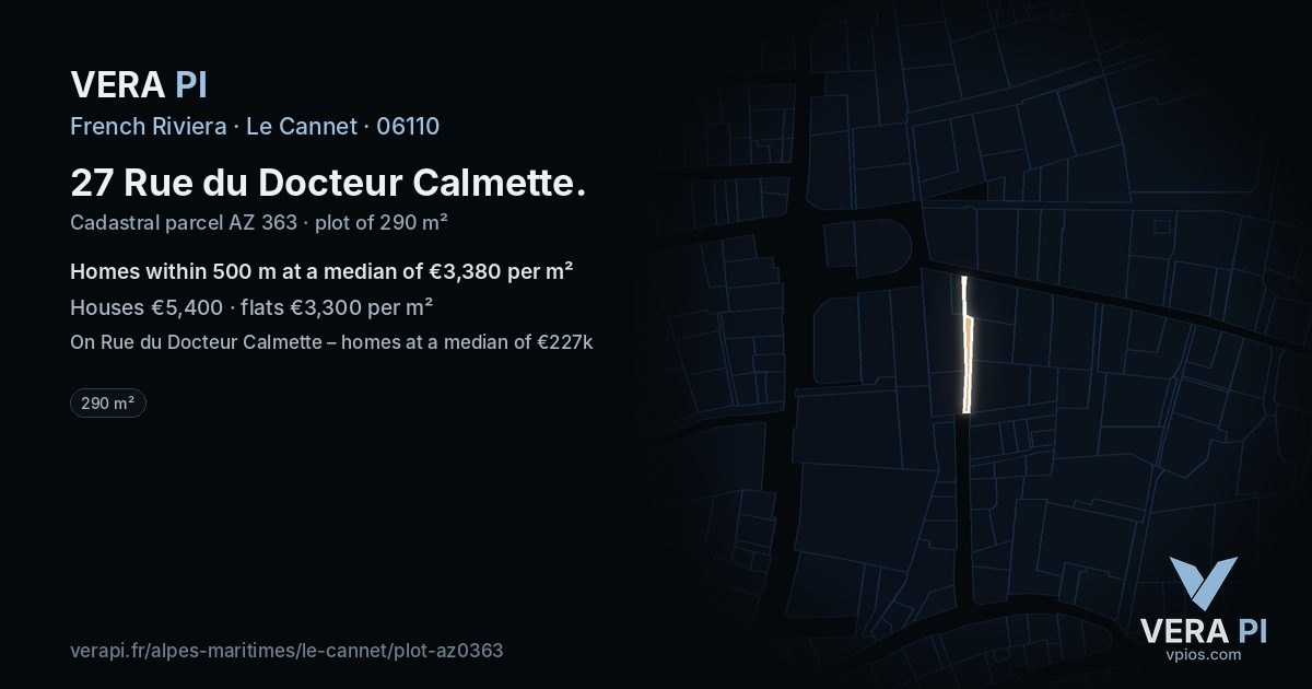 27 Rue du Docteur Calmette, Le Cannet at night – the plot lit, the parcels around coloured by the prices near them