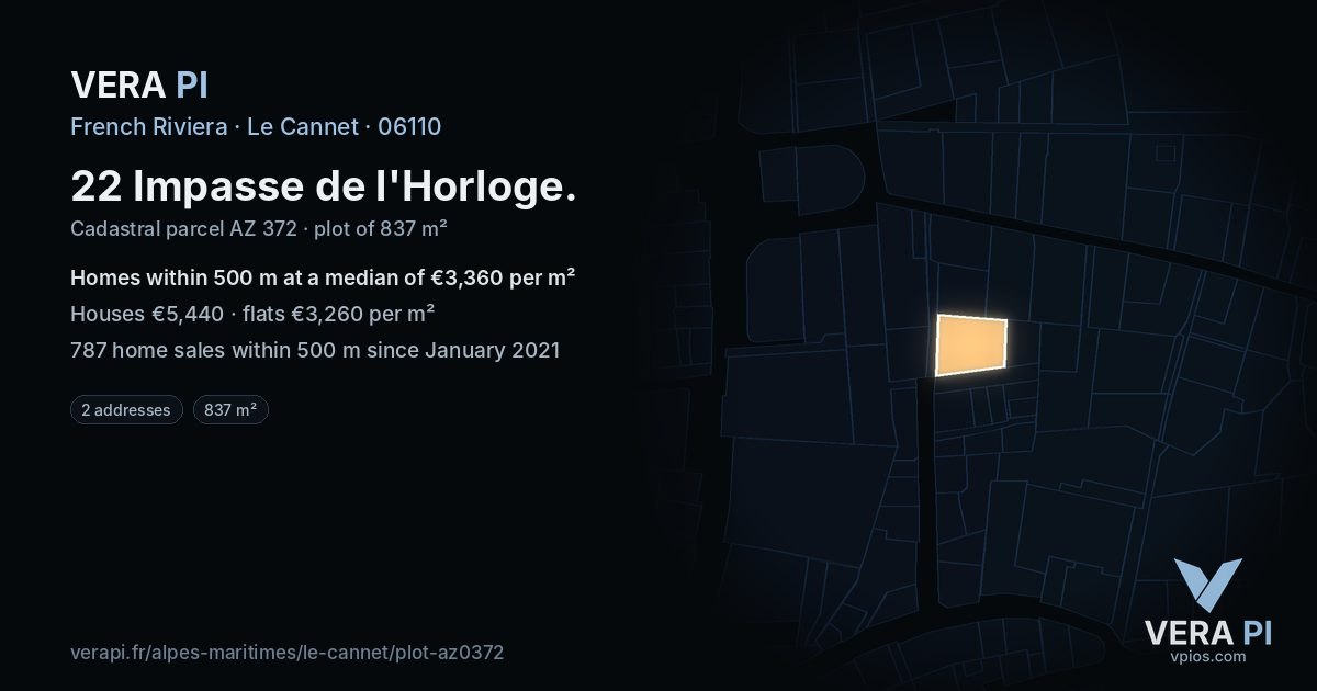 22 Impasse de l'Horloge, Le Cannet at night – the plot lit, the parcels around coloured by the prices near them