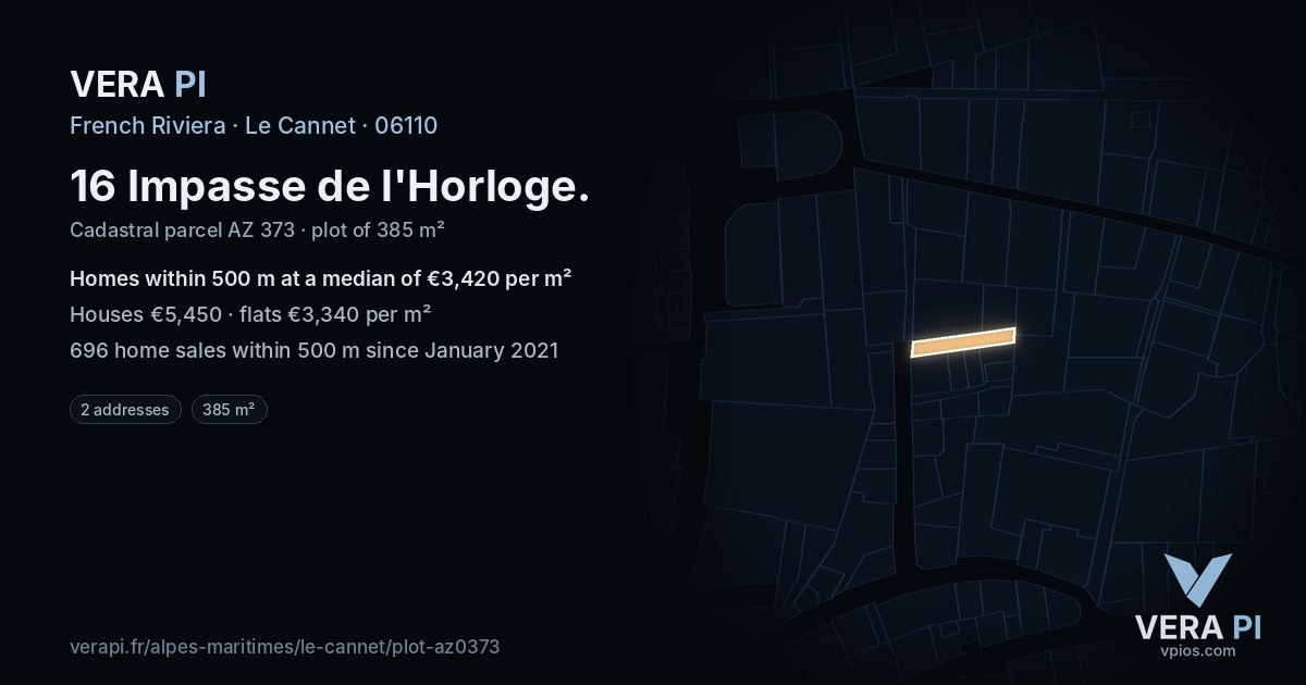 16 Impasse de l'Horloge, Le Cannet at night – the plot lit, the parcels around coloured by the prices near them
