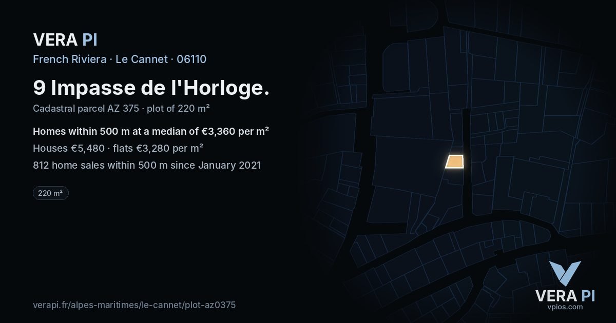 9 Impasse de l'Horloge, Le Cannet at night – the plot lit, the parcels around coloured by the prices near them