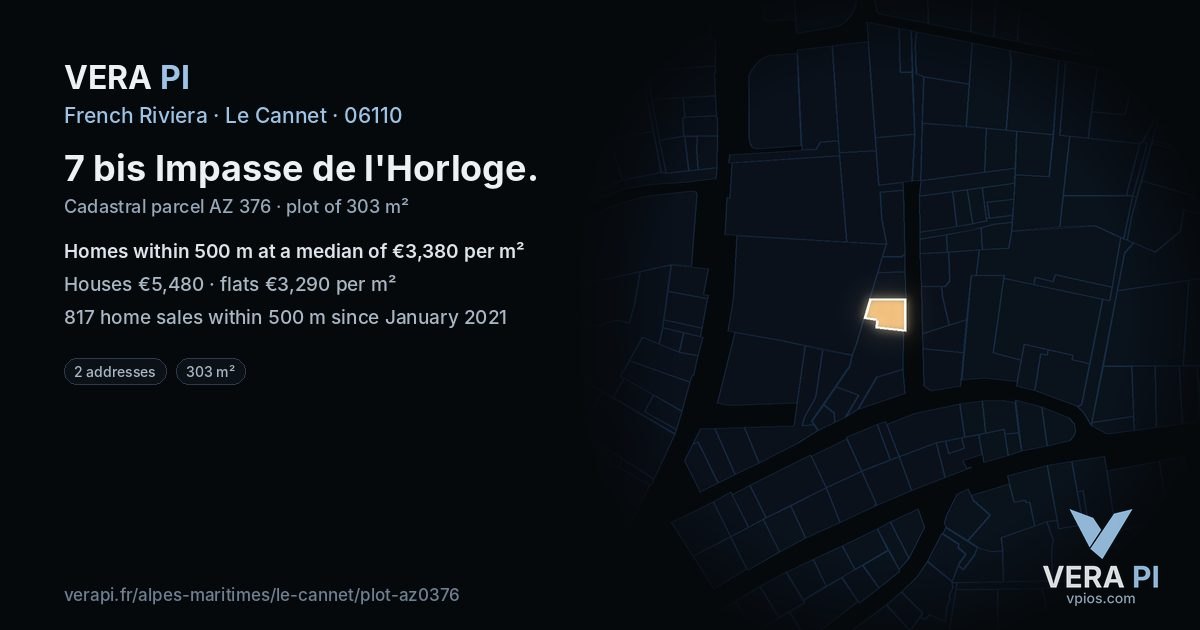 7 bis Impasse de l'Horloge, Le Cannet at night – the plot lit, the parcels around coloured by the prices near them