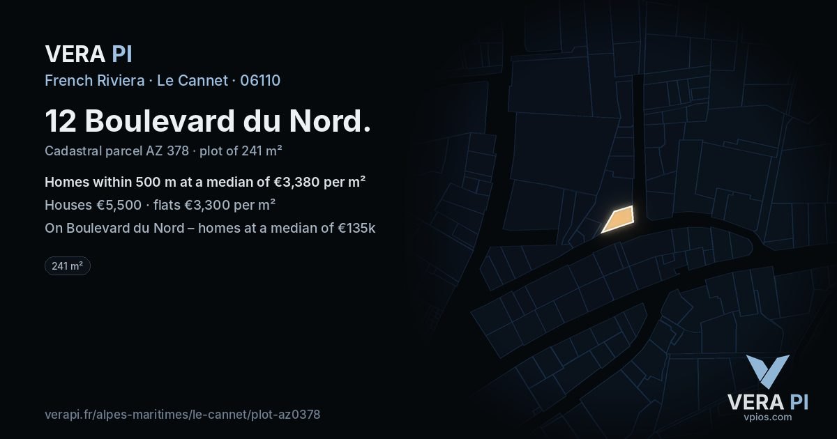 12 Boulevard du Nord, Le Cannet at night – the plot lit, the parcels around coloured by the prices near them